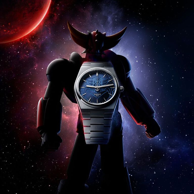 The new Tissot PRX UFO Robot Grendizer Special Edition with Grendizer in the background 