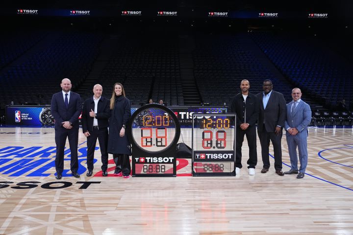 Tissot CEO Sylvain Dolla, NBA President of Global Partnerships Salvatore LaRocca and Tissot Ambassadors, NBA legend Tony Parker and 2024 WNBA Champion Sabrina Ionescu, at a demonstration of the new shot clock prior to The NBA Paris Games 2025 presented by Tissot