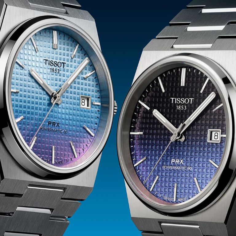 The two new Tissot PRX Powermatic 80 40mm with light and dark blue gradient dial 