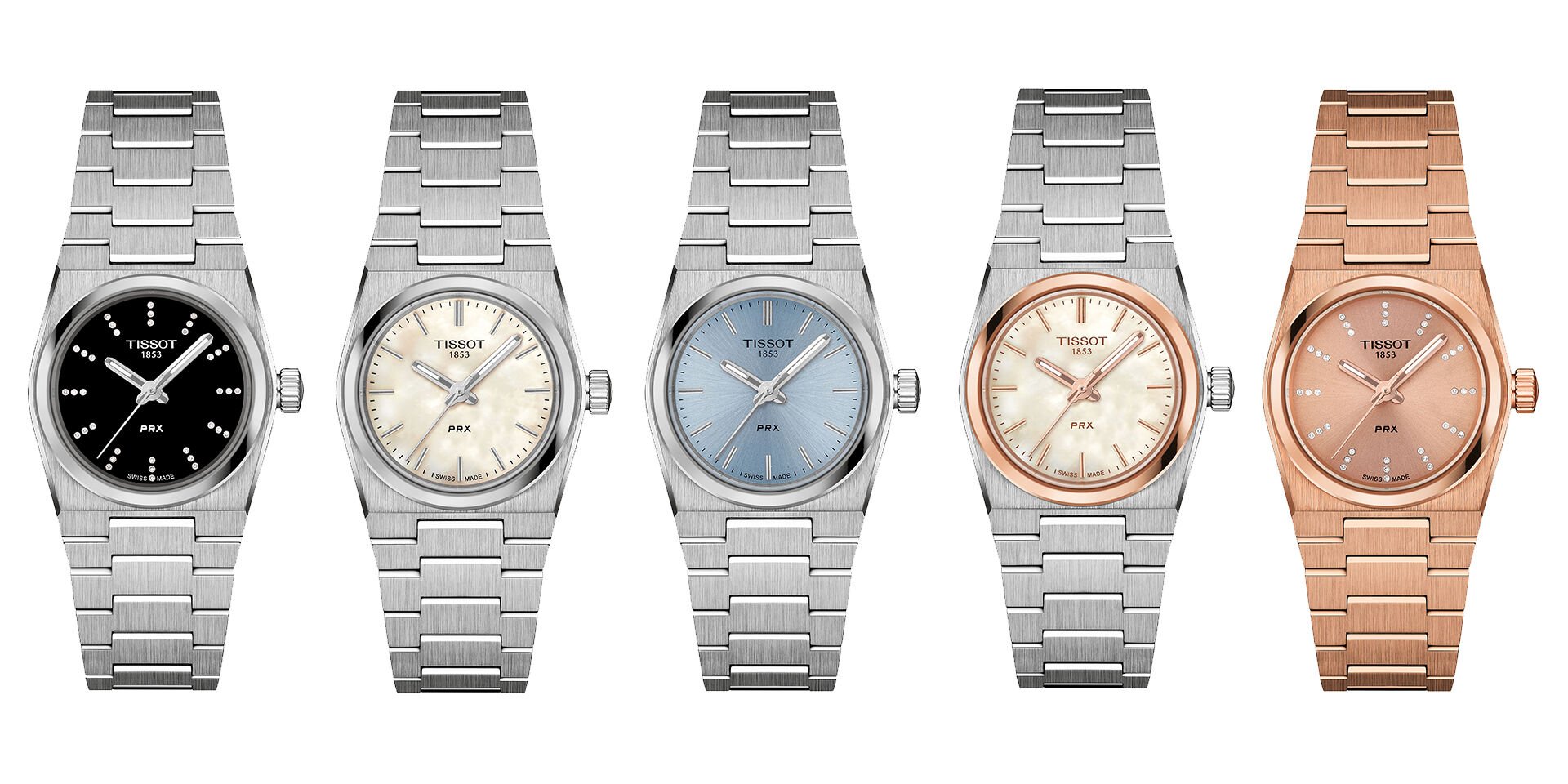 Five different models of the PRX 25mm with dials in black, ice blue, nude and two different mother of pearls options 