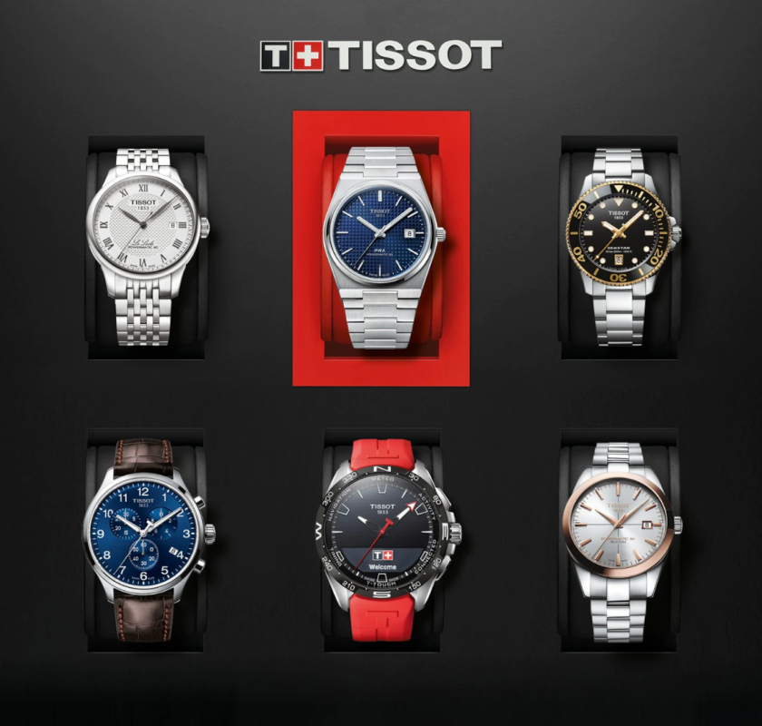 Six montres Tissot différentes présentées dans un écrin, pour promouvoir le système "register my watch" de Tissot.