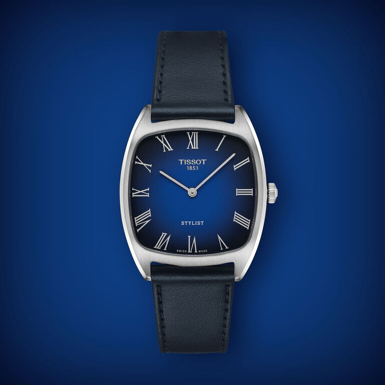 The new Tissot Stylist watch with a blue dial on a blue background